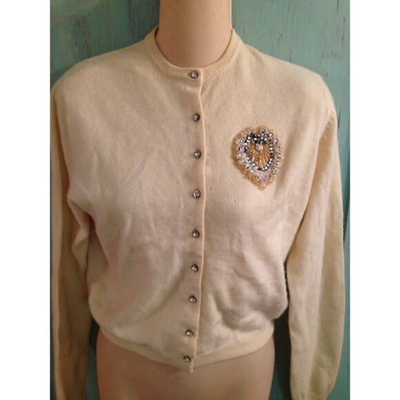 VINTAGE CARDIGAN SWEATER BEADED PEARL CREST RHINESTONE BUTTONS - Picture 10 of 14
